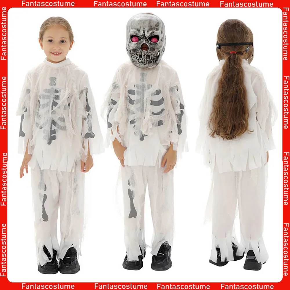 

Kids Cosplay Skull Costume Children Stage Performance Clothing Mask Outfits Girls Boys Halloween Carnival Party Roleplay Suit
