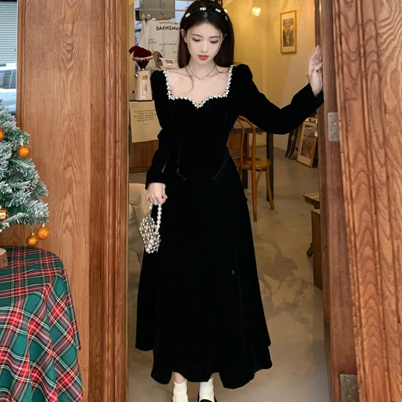 New gown square collar long sleeve big size fat sister waist slimming Hepburn style dress