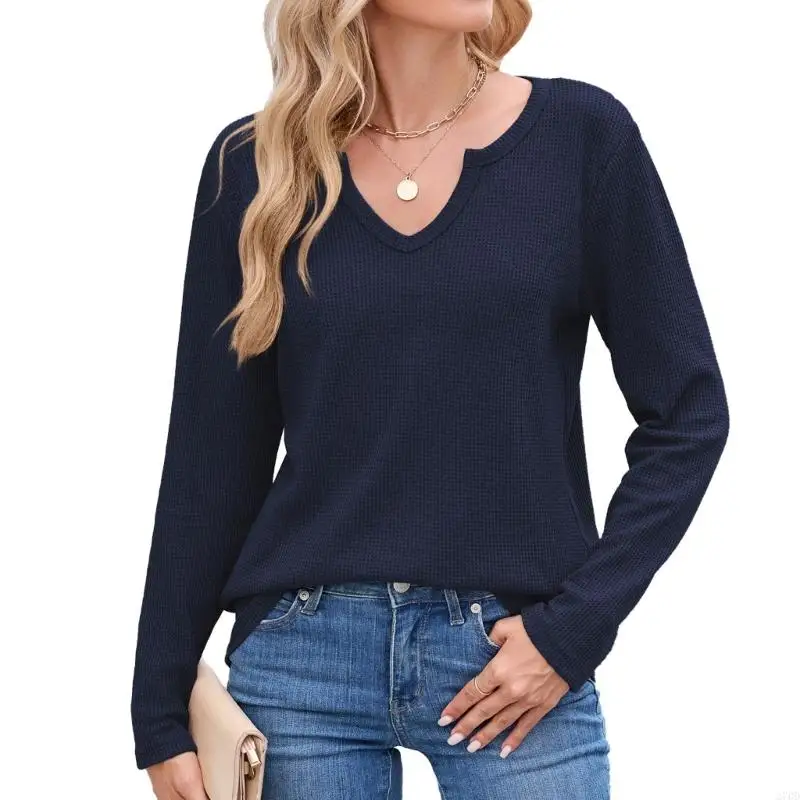 

270D женская рубашка с длинным рукавом с v-образным вырезом, осенний топ, милый повседневный вафельный свободный облегающий