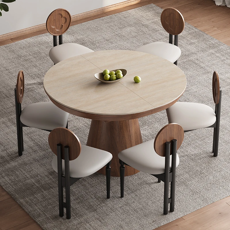 

Travertine rock slab multi-functional dining table invisible foldable dining table light luxury small apartment