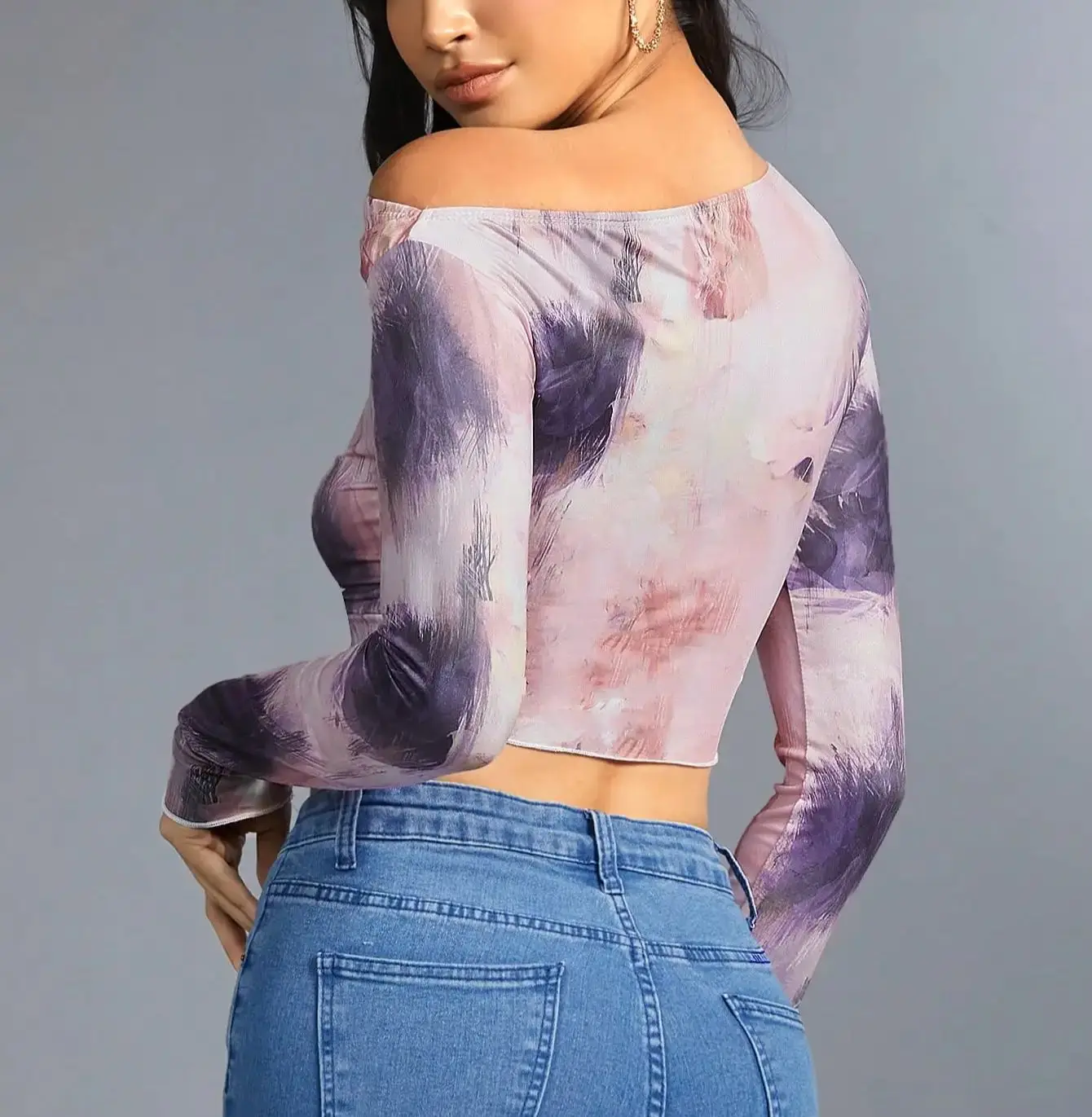 Women's Slant Shoulder Printed T-Shirt Spring and Autumn Casual Peplum Ruffled Irregular Knit Digital Long Sweatshirt