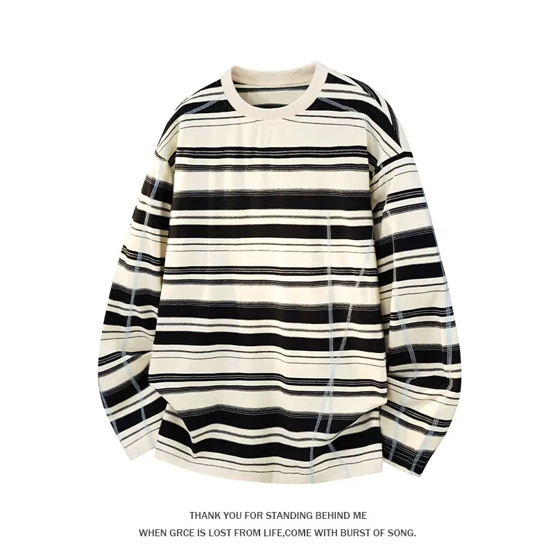 Spring and Autumn Fashion Trendy American Striped Long Sleeve T-shirt Men's Casual Loose Sports Breathable High Quality T-shirt