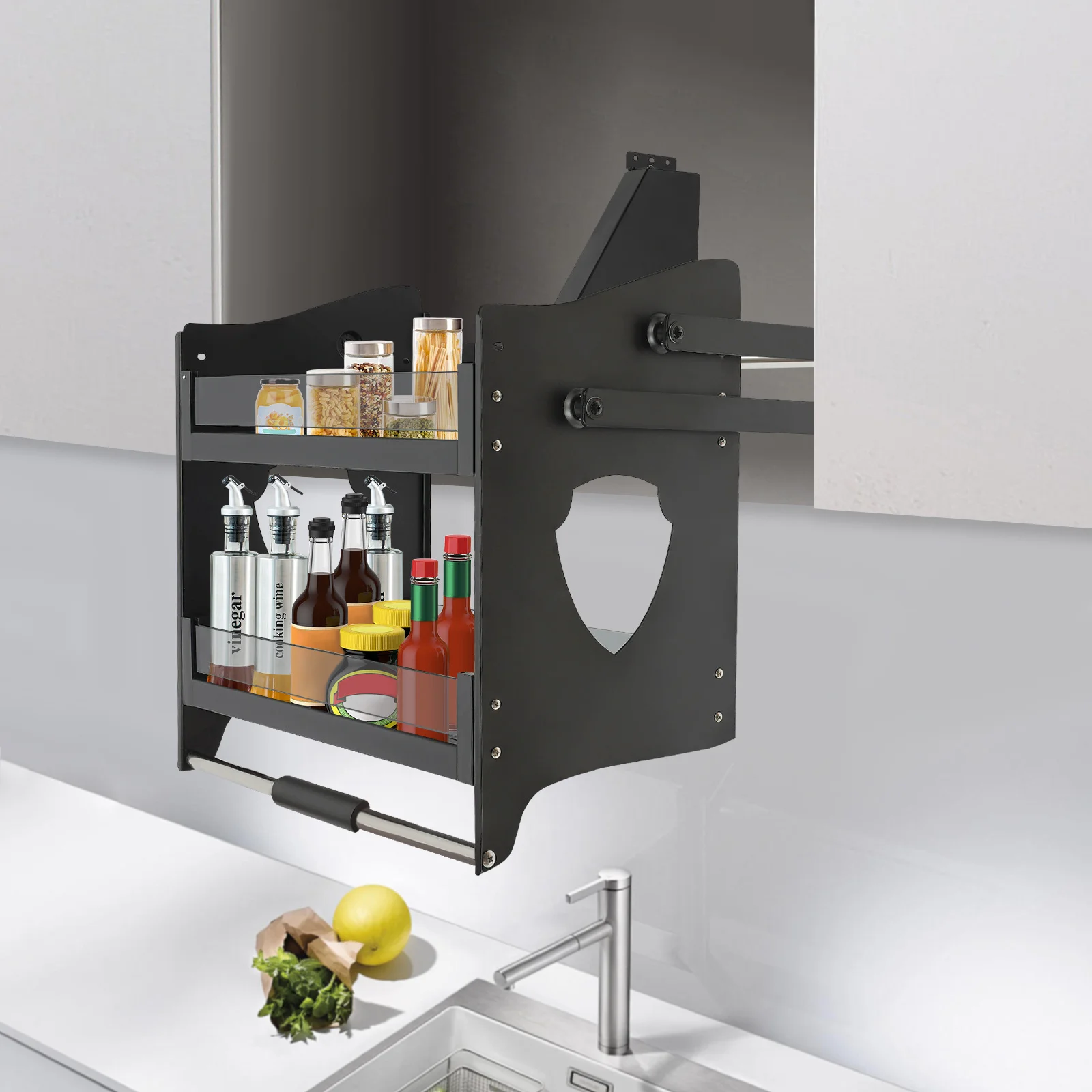 

2 Tier Carbon Steel Kitchen Cabinet Pull Down Shelf - 66Lbs Load-bearing Sturdy Durable Spice Rack Organizer