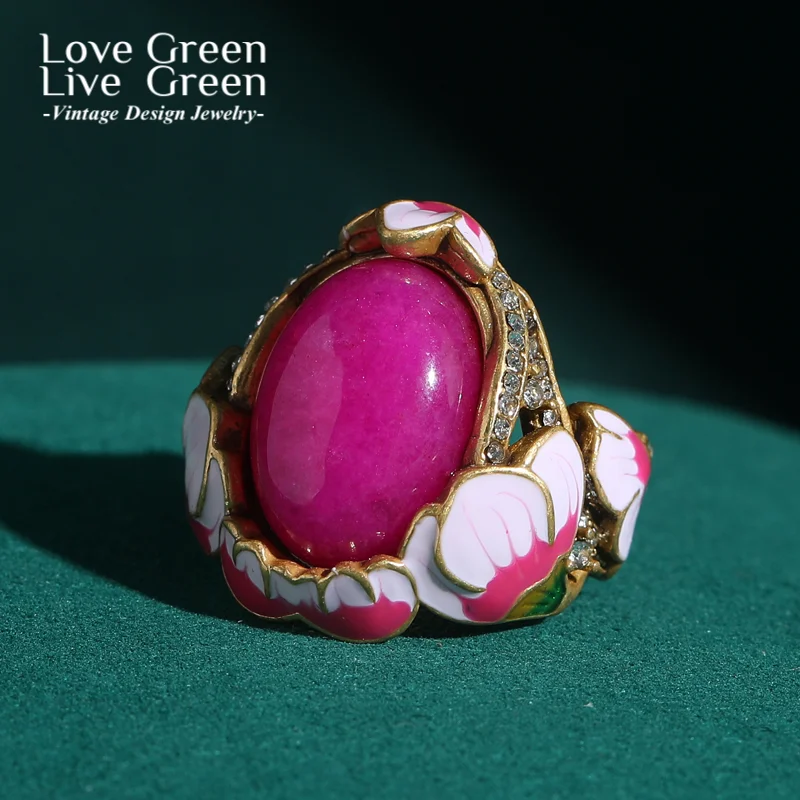 

Vintage Jewelry Lotus Pink Rose Rings Natural Stone Oval Gold Color Antique Wedding For Women Luxury Girls Gift Items Engagement