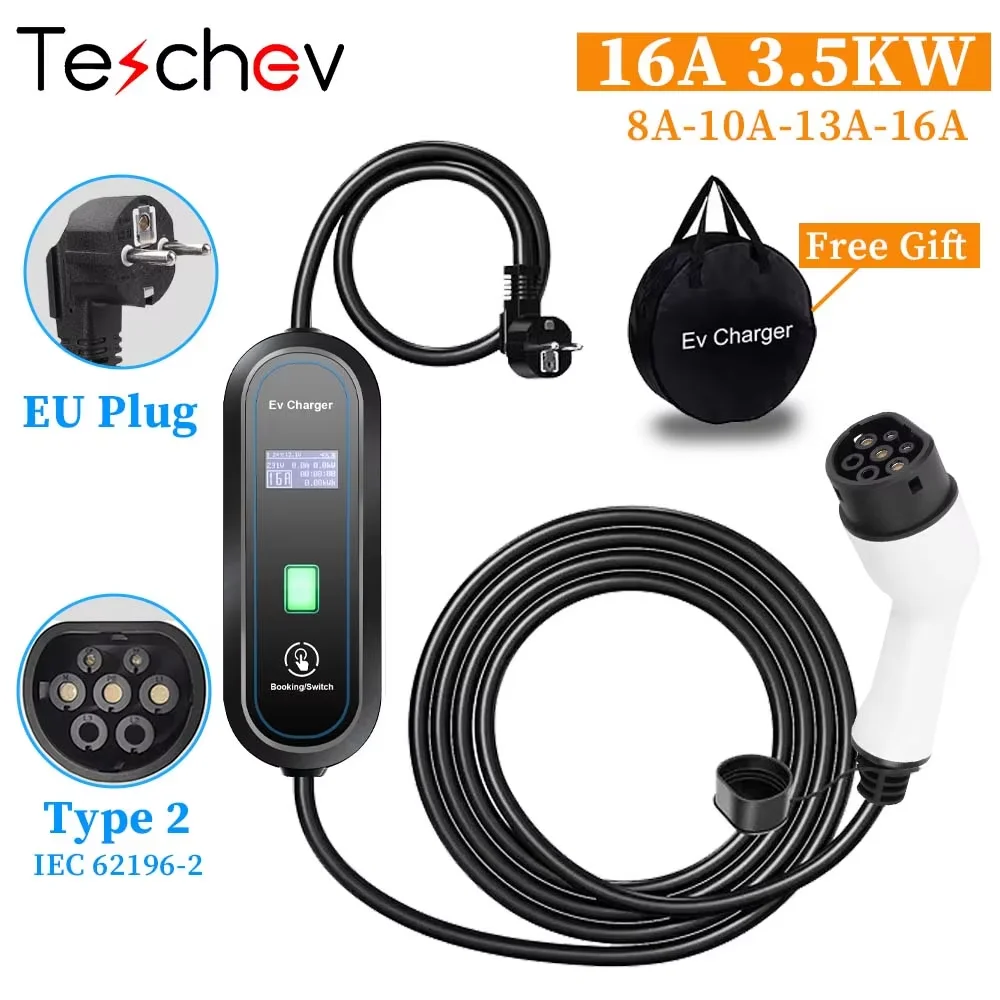 Teschev draagbare EV-oplader Type2 IEC 62196 elektrische autolader 3,5 kW 16A 1 fase EVSE snel opladen Wallbox EV-laadstation