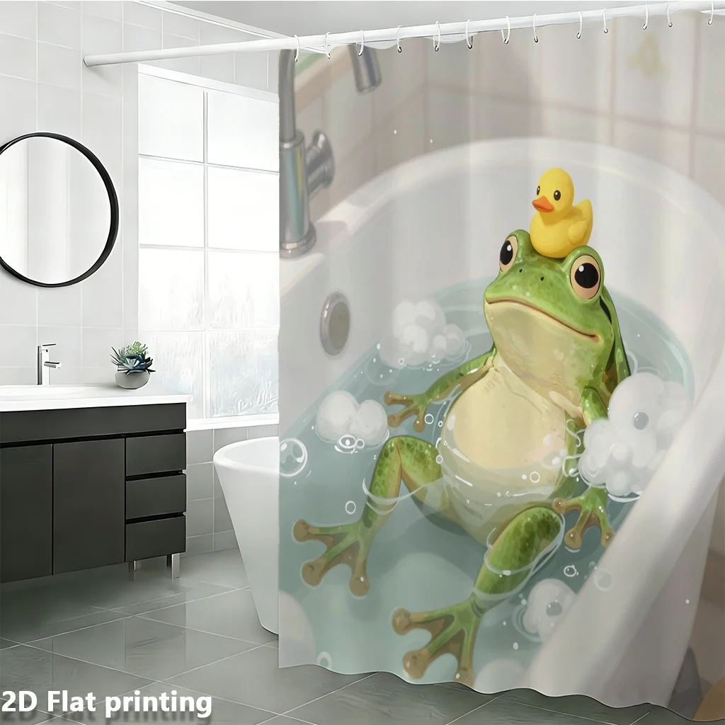 Funny Cartoon Frog and Duck Shower Curtain Waterproof Bathroom Liner Kids Novelty Pond Animal Print Home Decor Accessory view 4