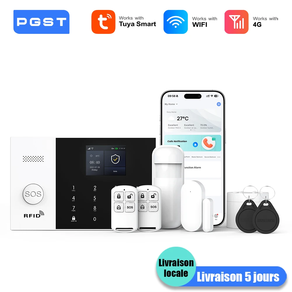PGST 4G WiFi Protection de sécurité Tuya vie intelligente porte de maison capteur de mouvement magnétique alarme système de sécurité Kit ensemble Alexa Garage