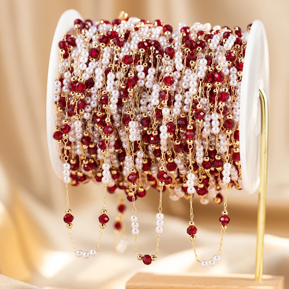 50cm/100cm Imitation Pearl Copper Chain Red Glass Bead Chain DIY Bracelet Necklace Jewelry Making Supplies