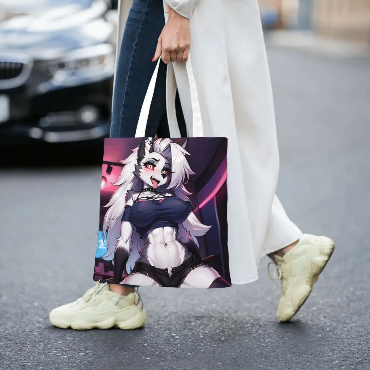 Helluva Boss Loona Bolsas de compras de lona Bolsa tote dobrável para mulheres bolsa de ombro bolsa de viagem