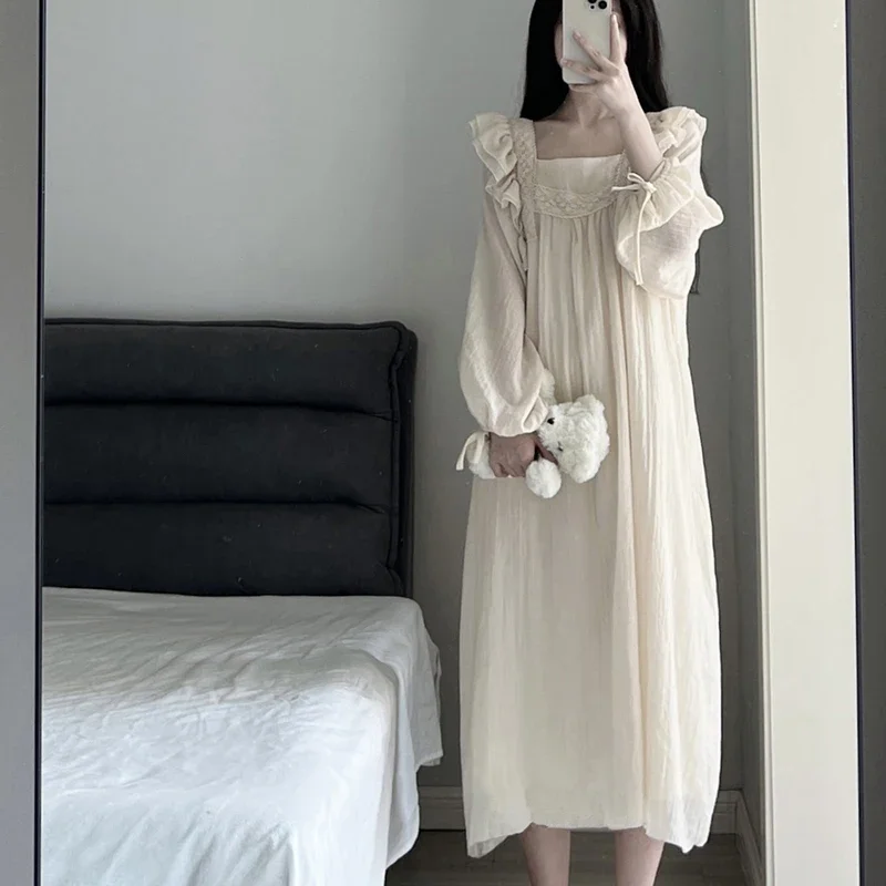 Lace nightgown sleepwear women Korean ruffles night dress spring one piece pajamas long sleeve square collar home wear 2024 New