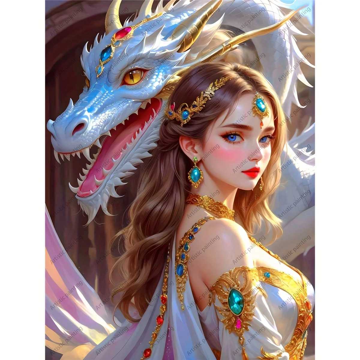 Fantasy Princess with White Dragon Scene Jigsaw Puzzle Adult Fantasy Theme Intellectual Game Home Leisure Decorative Puzzle Toy