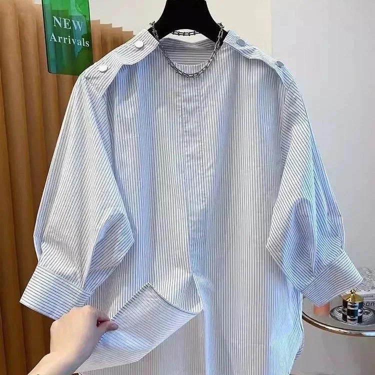 

plus Size Striped Shirt Women's Loose Fit Summer Fashionable Top High Waist Line Collar Long Sleeve Polyester Fiber