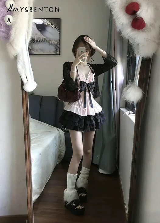

Women Summer Japanese Style Vintage Old-School Subculture Black Cardigan Pink V-Neck Sling Short Lace Skirt 3Pcs Set