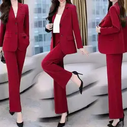 Womens Suits Fashion Single Buttons Business Blazer Solid Casual Coat Trousers 2 Pcs Set Office Ladies Wear Wide-Leg Pants