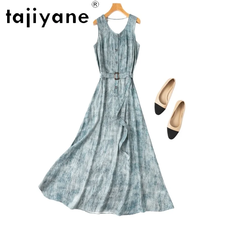 TAJIYANE 100% Mulberry Silk Tank Dresses for Women Vintage Denim Printed Long Dress Summer Belted Frocks 2026 Woman Clothing 원피스