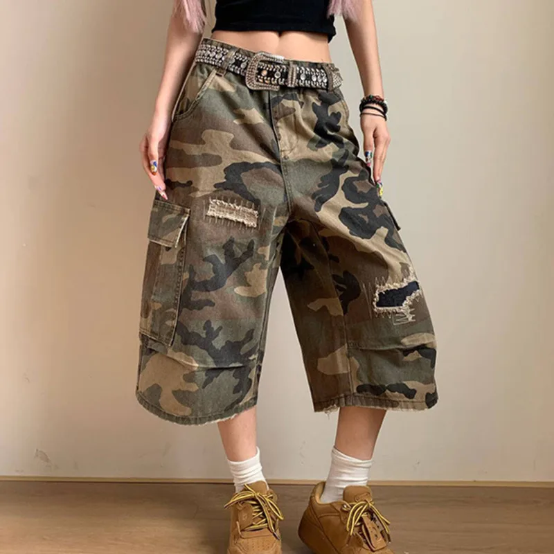 

Прямые камуфляжные укороченные брюки, женские летние капри, свободные повседневные джинсовые шорты унисекс, персонализированные уличные комбинезоны на молнии