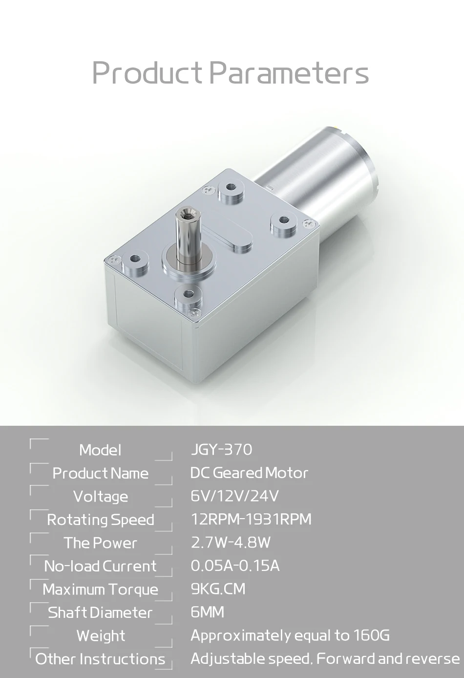 JGY370 DC 6V 12V 24V Drehmoment-Geschwindigkeitsreduzierer Metall-Schneckengetriebemotoren Reversibler Schneckengetriebemotor mit niedriger Geschwindigkeit 1 U/min bis 375 U/min – Detail 16