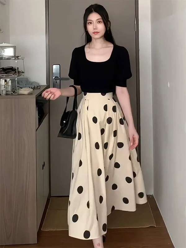 Retro Hong Kong Style Black Polka Dot Halter Skirt Women's High Waist Slim Print Umbrella Skirt Summer New A-Line Puffy Skirt
