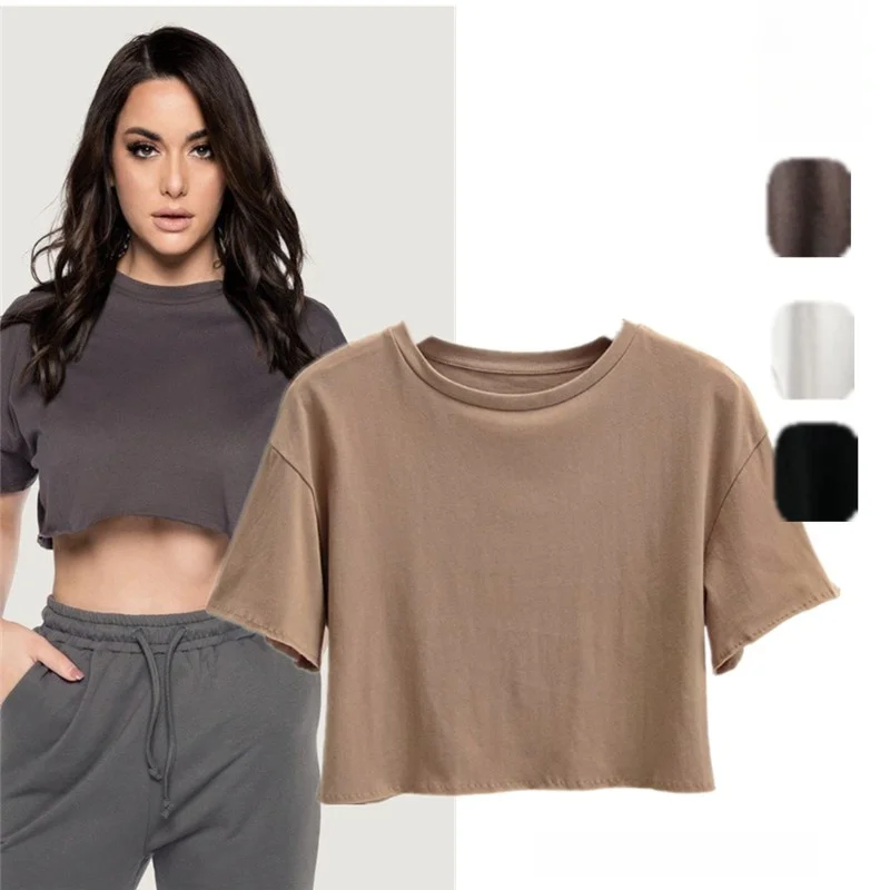 

Retro round Ne ort Sve T-irt Loose Fit Pure Color High Waist Street Sle Cotton Top for Young Women Summer Wear