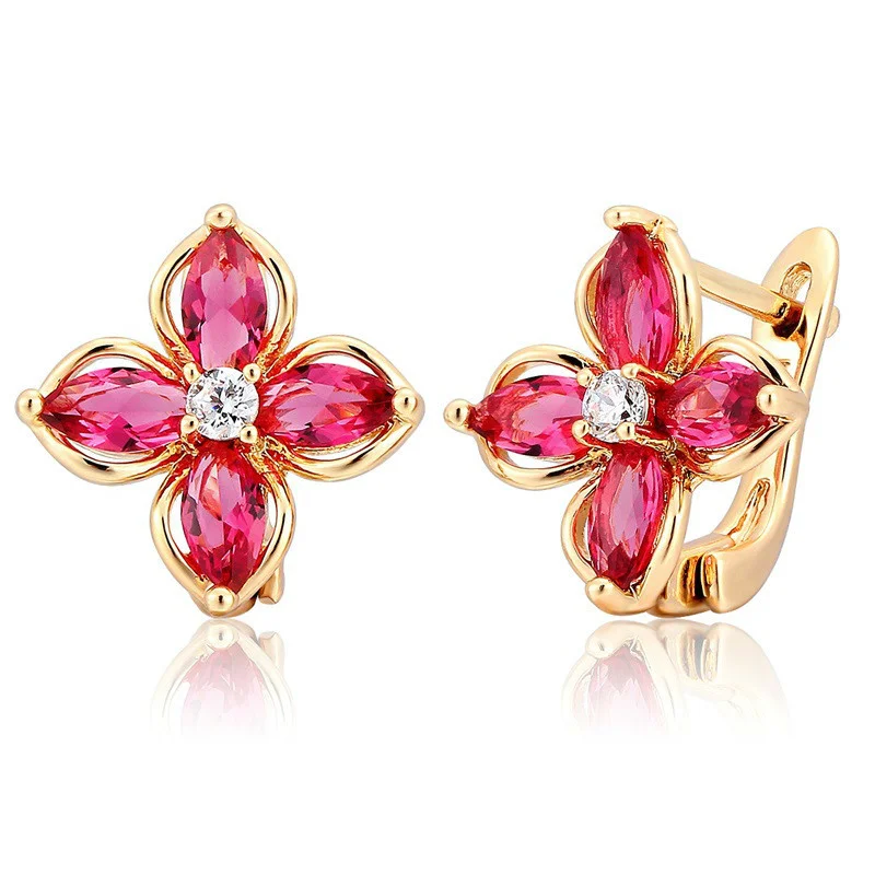 Marquise Cross Red CZ Flower Four Petal Clover Huggie Small Hoop Earrings for Women Girls Yellow Gold Color Jewelry Aros Aretes