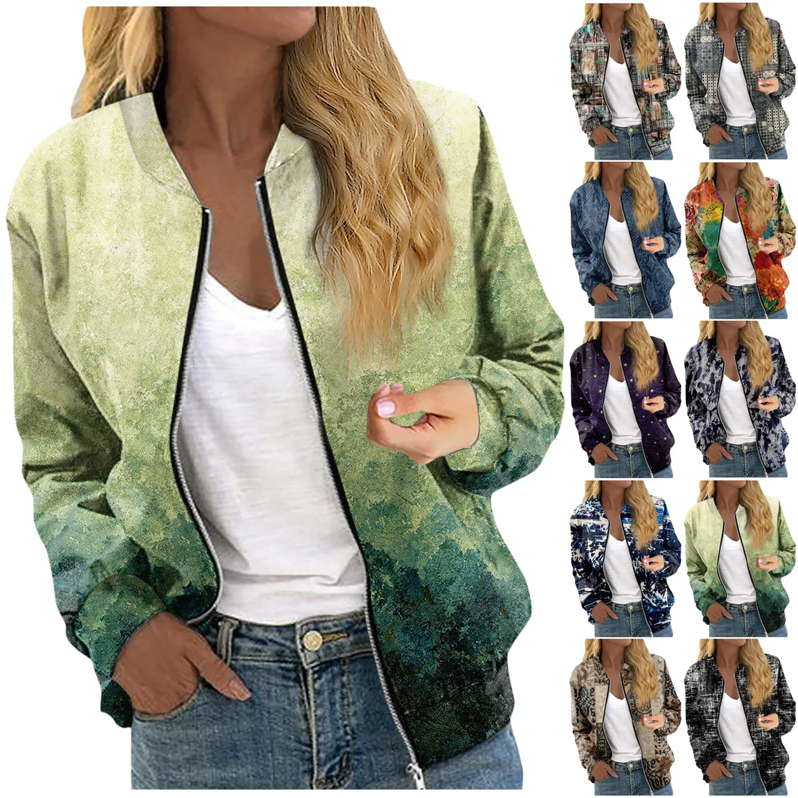 

Jackets For Women Long Sleeve Lightweight Zip Up Cropped Vintage Print Outerwear Casual Quilted Jackets Whith Pockets 가을자켓