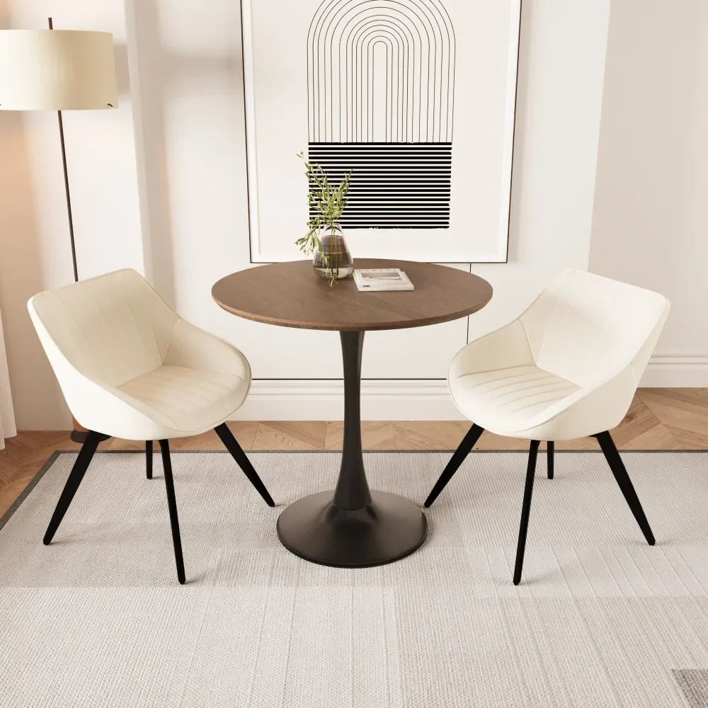 

31.5 " walnut color round dining table, and 2 artificial leather decorative chairs with black metal legs, Dining Room Sets