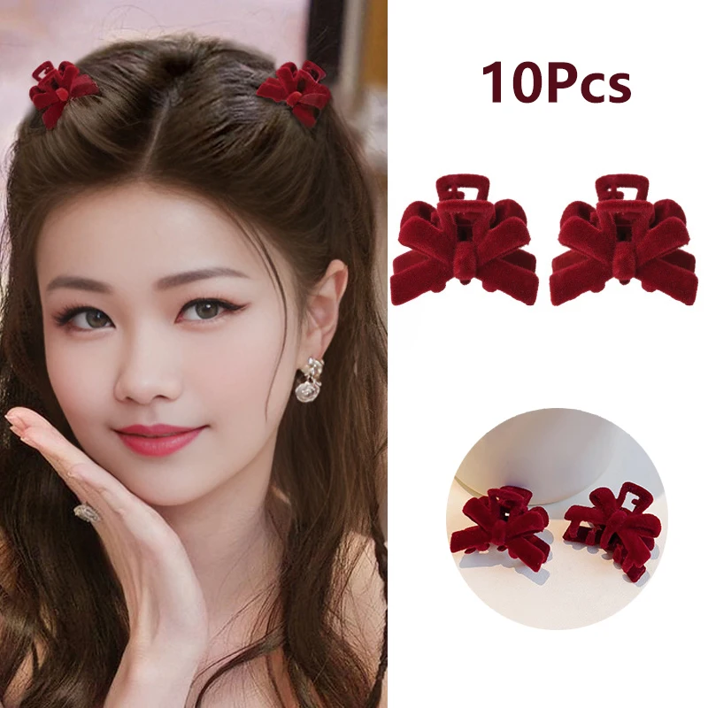 10Pcs Red Velvet Bow Side Bangs Hairpin Female Princess Head Grab Clip Headdress Women Girls Hair Accessories