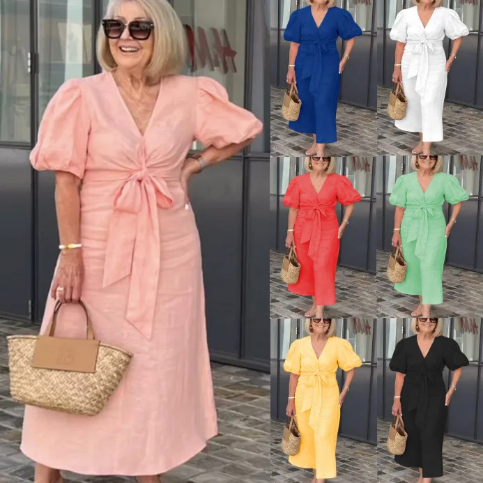 

European and American Women's Clothing Spring and Summer 2025 New V-neck Lace-up Bubble Sleeve Cotton Dress