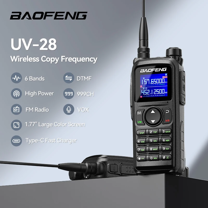 Baofeng UV-28 Walkie Talkie 10W Multi-Band 999CH Wirless Copy Frequency Long Range Receiver Type-C AM Two Way Portable Ham Radio