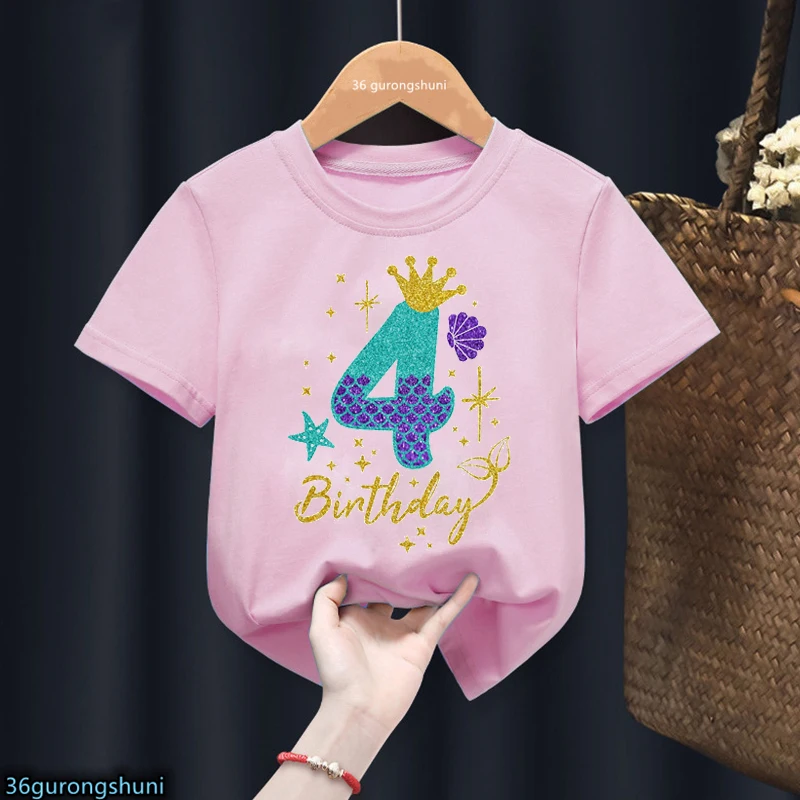 3th/4th/5th/6th Birthday Gift For Girls Tshirt Glitter Mermaid Princess Graphic Print T Shirt Kawaii Kids Clothes Summer Tops