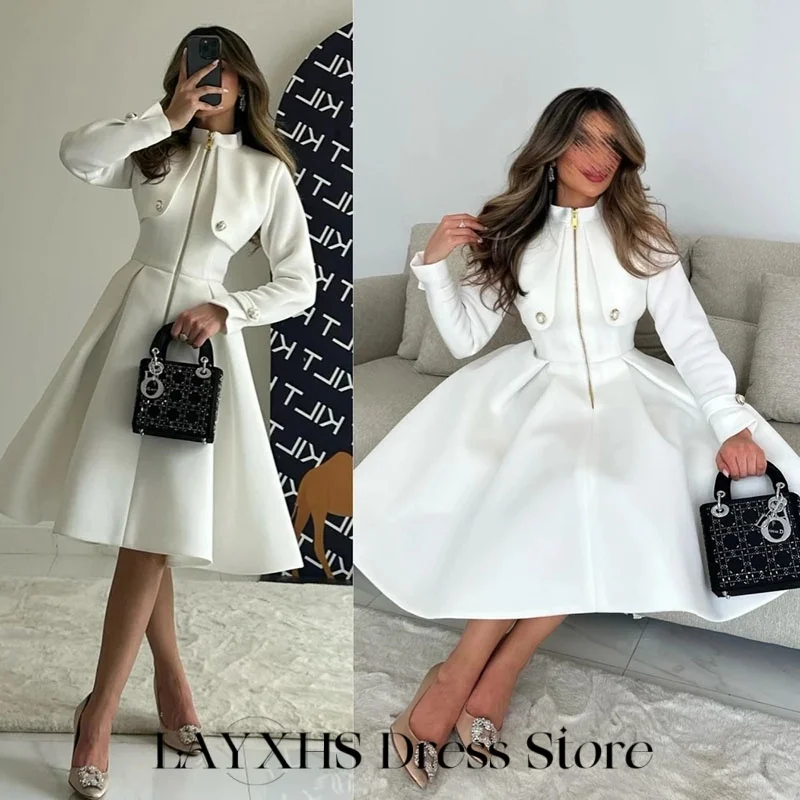 فساتين سهرة رسمية من LAYXHS برقبة عالية وأكمام طويلة على شكل حرف a بطول الركبة وطيات وسحاب للحفلات الراقصة حسب الطلب