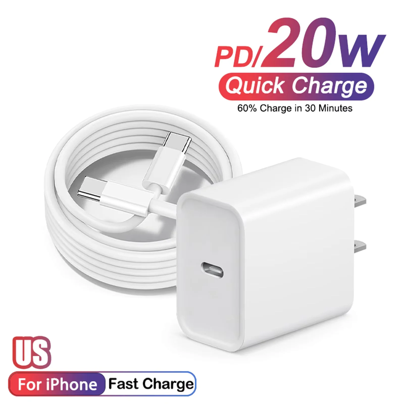 US 20W USB C Fast Charger with 3.3ft/100cm data cable for Phone 16 15 Pro Max Plus Samsung S25 S24 S23 S22 Ultra /Xiaomi/Huawei
