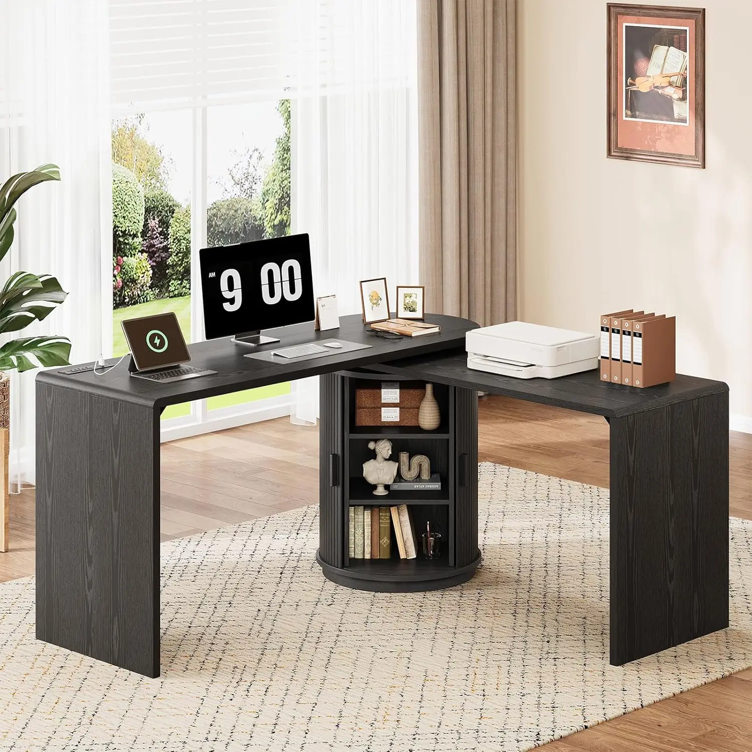 

60-дюймовые L-образные столы с розетками, 360° ° Вращающийся угловой стол с местом для хранения, компьютерный стол с рифленой столешницей, на заказ