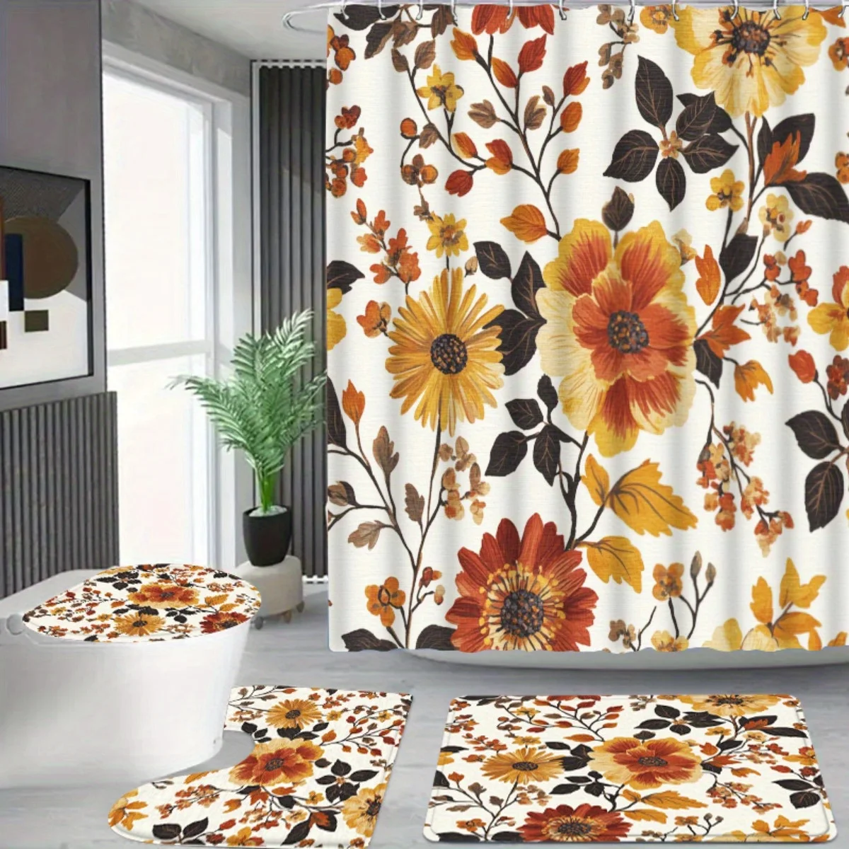 4-piece autumn floral bathroom set: bath mat, U-shaped mat, toilet seat cover, and shower curtain with hooks.