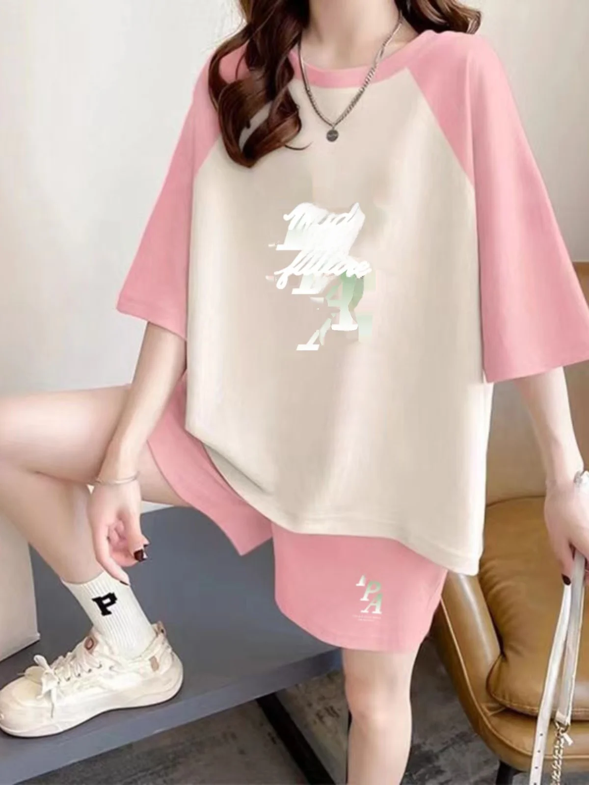 

Color Block Short Sleeve Short Pants Set Women's Loose Fit Five Pants Summer Casual Sport Style Two Pieces Set Fashion Trend