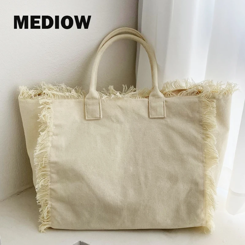 

MEDIOW Preppy Style Tote Bags For Women Luxury Designer Handbags And Purses 2023 New In Canvas Tassel Trim Medium Shoulder Bag