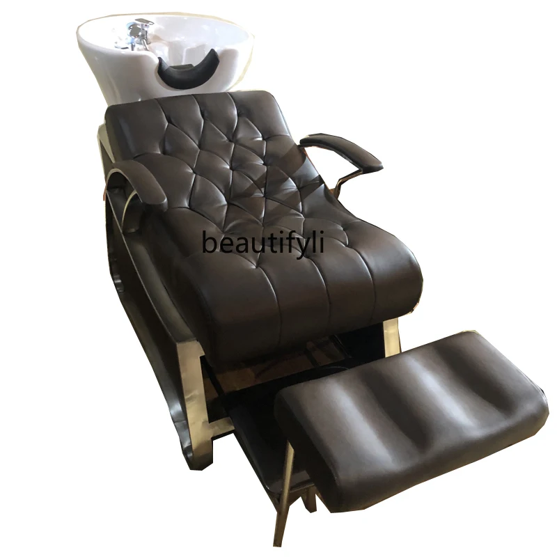 Stainless Steel Shampoo Chair Hair Salon Flush Hair Lying Half Deep Basin Ceramic Basin with Pedal