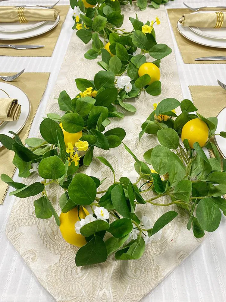 

Faux Lemon Garland With Eucalyptus Leaves And Lemon Vines, Suitable For Rooms, Gardens, Weddings, And Parties.