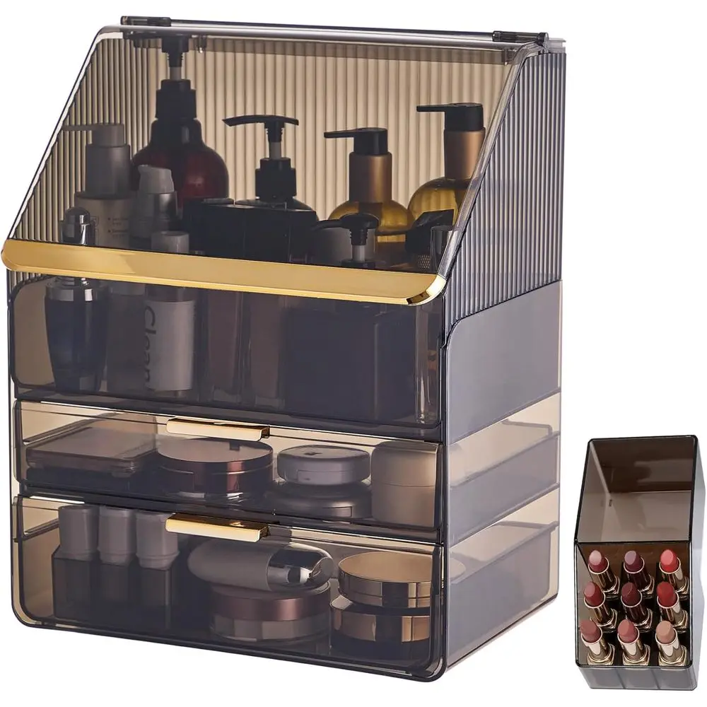 

Large Cosmetic Organizer with Lipstick Holder Fully Transparent with 2 Drawers, Dustproof Waterproof Bathroom Counter Storage fo
