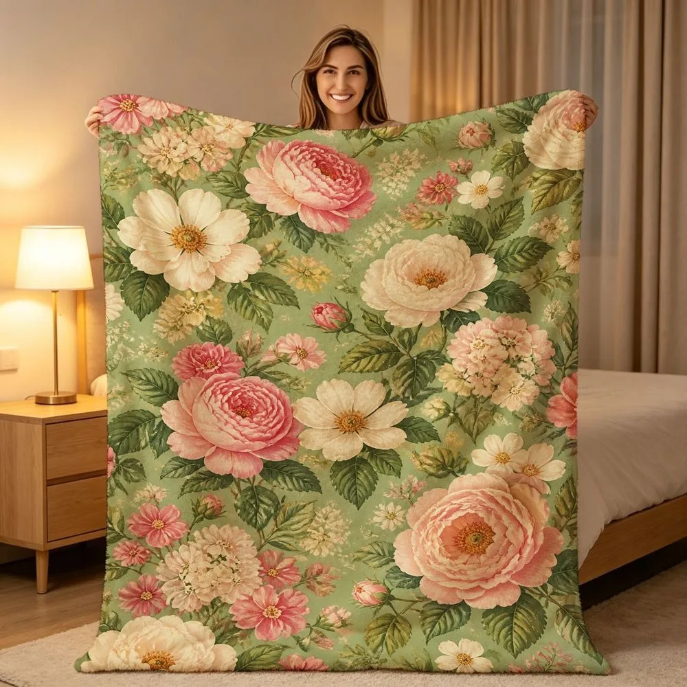 Botanical Floral Throw Blanket, Elegant Peony Multi‑Flower Green Leaf Print, Soft Warm All Season Blanket for Sofa Couch Bedroom