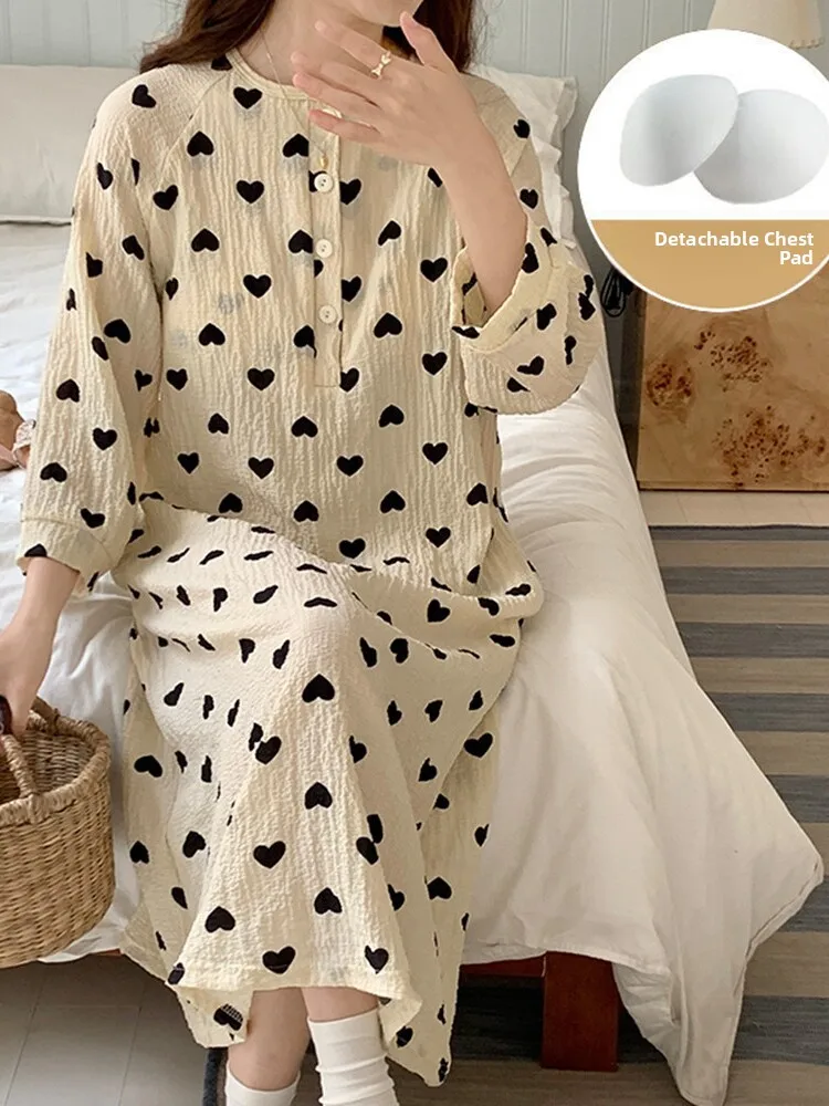 

Sweet Heart Print Sleep Dress Women's Popular Loose Long Sleeve Sleepwear with Chest Pad Casual Home Clothes Dress