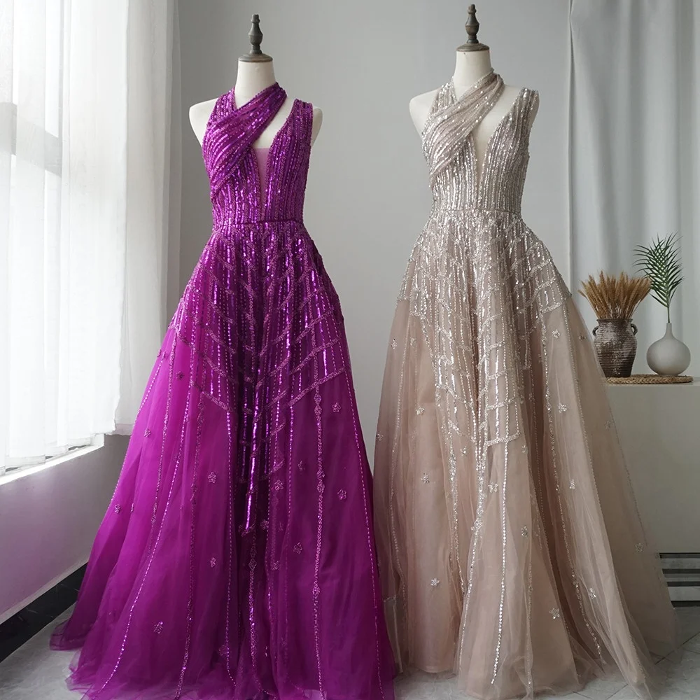 Hot Sale Luxury Beaded Dubai Lilac Evening Dresses for Women Wedding Party 2023 Elegant Long Arabic Prom Formal Gowns LA71778