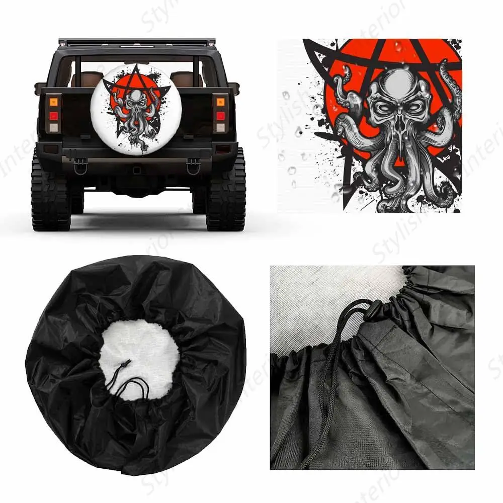 Cthulhu Creature Skull Head Spare Tire Cover Red Circle Label Ink Splashes Star Sign Nautical Weatherproof Universal