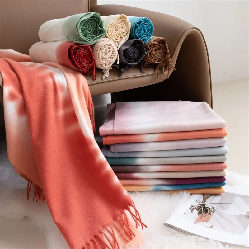 

Роскошные кашемировые зимние шарфы, градиентный носовой платок, теплая накидка-парео, шаль из пашмины, массивный платок, женское элегантное пончо-тюрбан