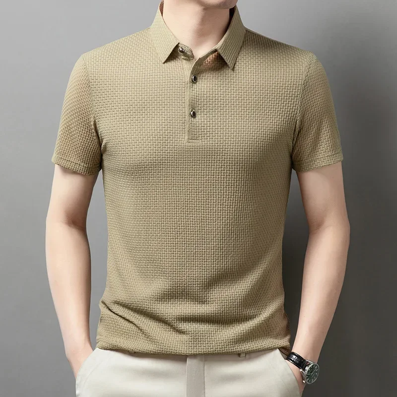 LIBIELIY Summer New Fashion Casual Trendy Men's T-shirts Short Sleeve Turn-down Collar Ice Silk Thin Breathable Solid Color Polo