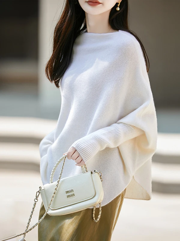 Loose Fit Women's Batwing Sleeve 100 Pure Wool Sweater Autumn Winter Soft Knitted Long Sleeve round Hem Tunic Top
