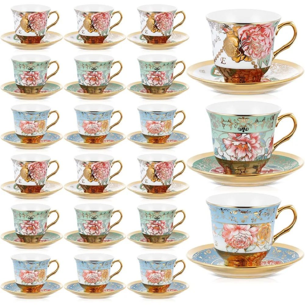 

Floral Porcelain Tea Cups and Saucers Set of 18 for Women's Birthday, Church, and Tea Party British Gifts