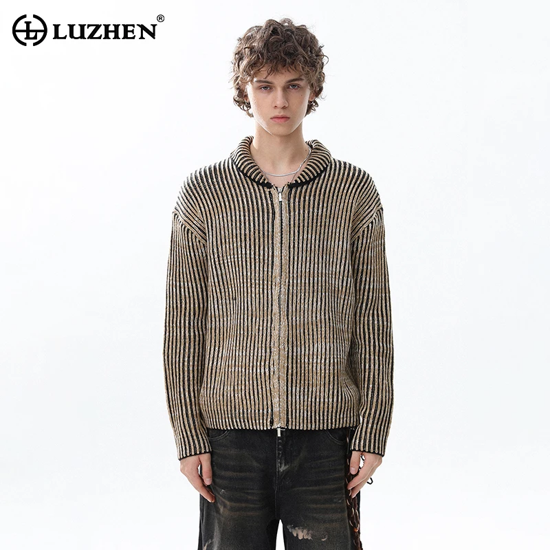 

LUZHEN 2025 New Stripe Printed Personalized Collar Zipper Knitted Cardigan Men's Fashion Luxury Handsome Casual Sweater JY4943