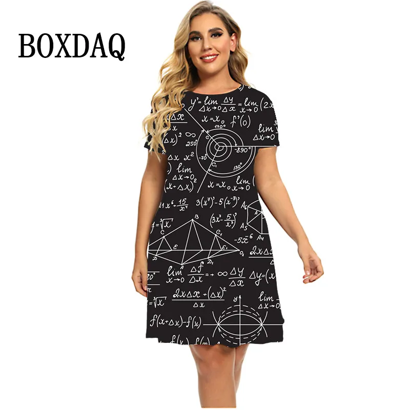 New Summer Fashion O-Neck Mathematical Formula Graphic Short Sleeve Dress Women Casual Street Graffiti Print Oversized Dress