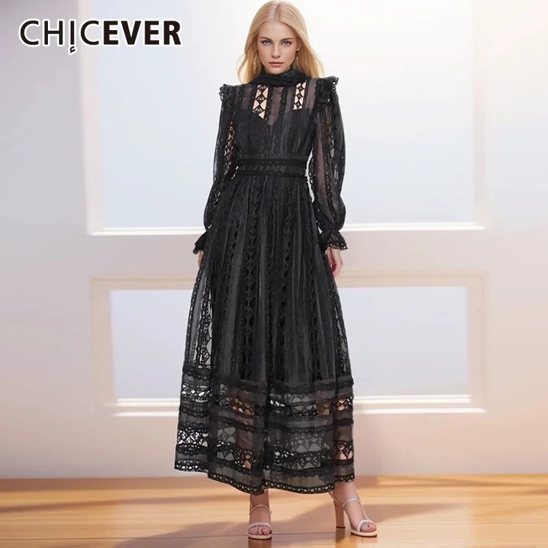 

CHICEVER Hollow Out Solid Dresses For Women Stand Collar Long Sleeve High Waist Loose Folds Casual Spring Maxi Dress Female New